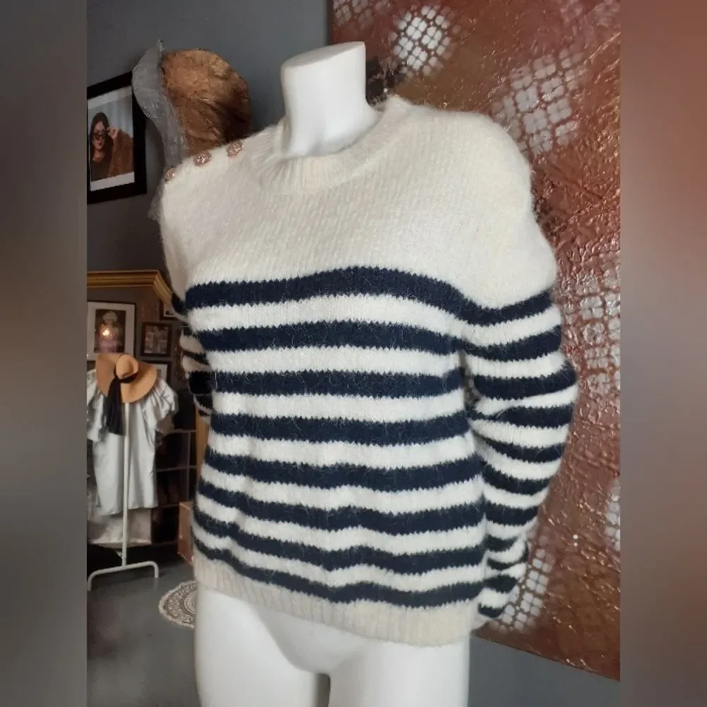 Nwot Zara Wool Blend Cream And Navy Striped Sweater - Picture 11 of 14